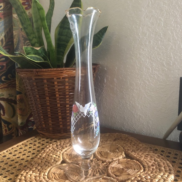 Rare Clear Hand Painted Fenton 50th Anniversary Bud Vase w/Ruffles & Gold Edging - Picture 4 of 16